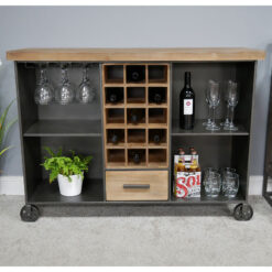 Industrial Black Metal And Solid Wood Drinks Bar Cabinet With Wine And Glass Storage And Wheels 115cm