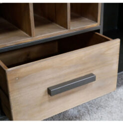 Industrial Black Metal And Solid Wood Drinks Bar Cabinet With Wine And Glass Storage And Wheels 115cm