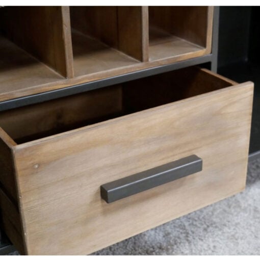 Industrial Black Metal And Solid Wood Drinks Bar Cabinet With Wine And Glass Storage And Wheels 115cm