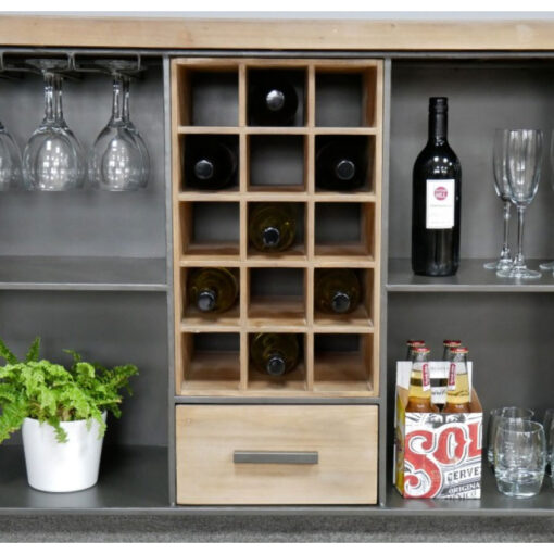 Industrial Black Metal And Solid Wood Drinks Bar Cabinet With Wine And Glass Storage And Wheels 115cm