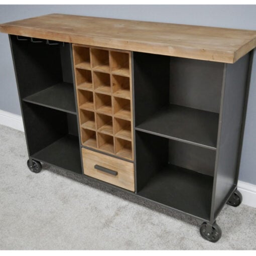 Industrial Black Metal And Solid Wood Drinks Bar Cabinet With Wine And Glass Storage And Wheels 115cm