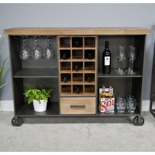 Industrial Black Metal And Solid Wood Drinks Bar Cabinet With Wine And Glass Storage And Wheels 115cm
