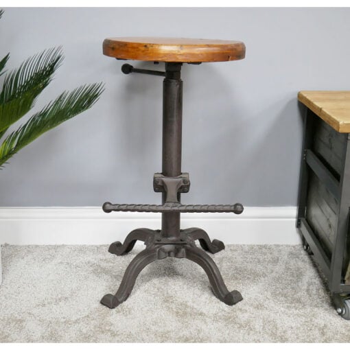 Industrial Black Metal And Solid Wood Height Adjustable Bar Stool