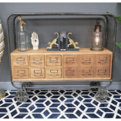 Industrial Black Metal And Solid Wood Multi Drawer 1 Door Apothecary Sideboard Cabinet With Wheels