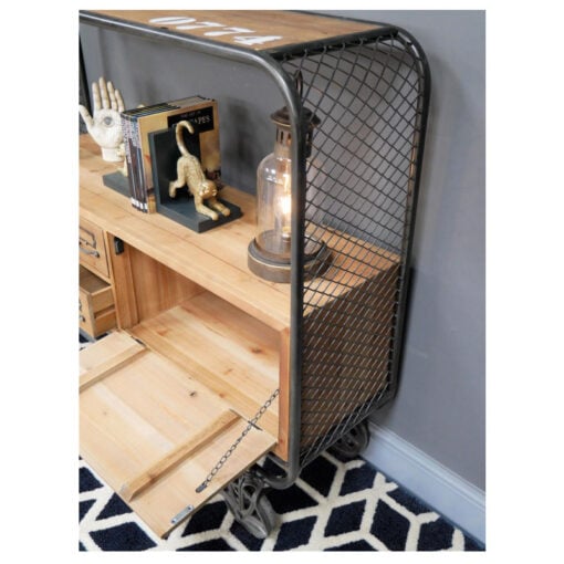 Industrial Black Metal And Solid Wood Multi Drawer 1 Door Apothecary Sideboard Cabinet With Wheels