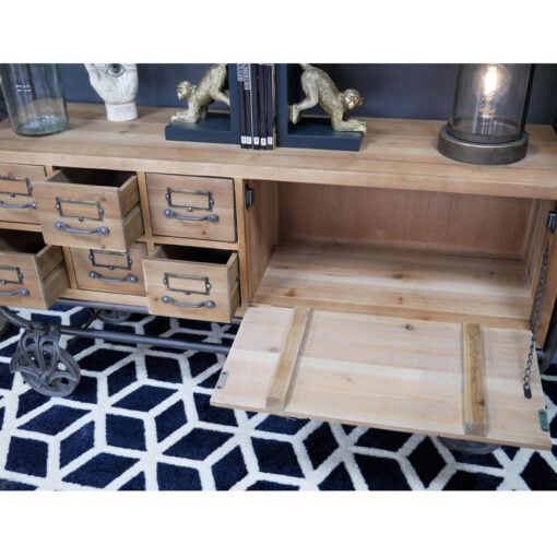 Industrial Black Metal And Solid Wood Multi Drawer 1 Door Apothecary Sideboard Cabinet With Wheels