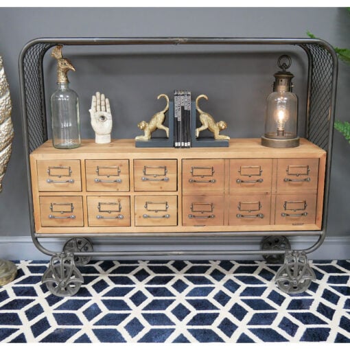 Industrial Black Metal And Solid Wood Multi Drawer 1 Door Apothecary Sideboard Cabinet With Wheels