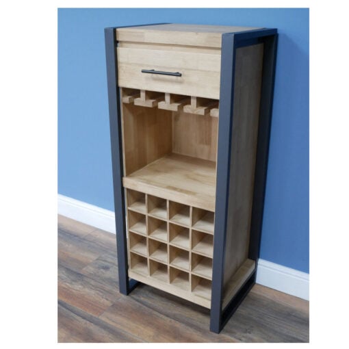 Industrial Black Metal And Solid Wood Small Bar Drinks Cabinet With 1 Drawer And Wine And Glass Storage