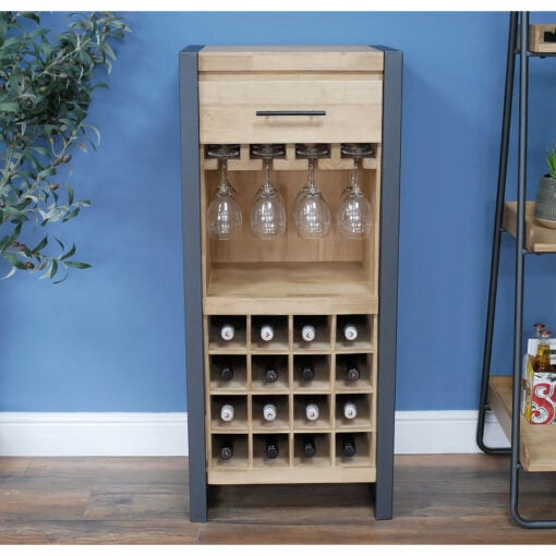Industrial Black Metal And Solid Wood Small Bar Drinks Cabinet With 1 Drawer And Wine And Glass Storage