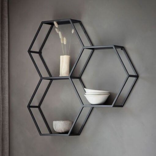 Industrial Black Metal Honeycomb Design Wall Shelving Unit 70cm