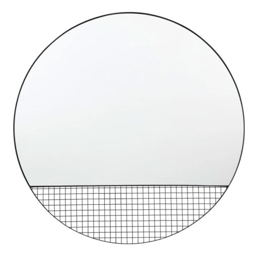 Industrial Black Metal Round Large Wall Mirror With Caged Wire Section 80cm