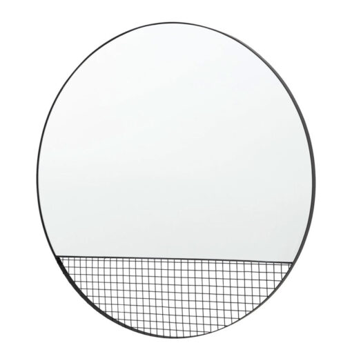 Industrial Black Metal Round Large Wall Mirror With Caged Wire Section 80cm