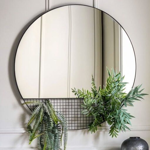 Industrial Black Metal Round Large Wall Mirror With Caged Wire Section 80cm