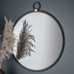 Industrial Black Metal Round Large Wall Mirror With Hanging Loop 70cm