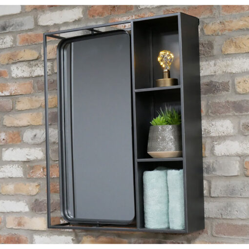 Industrial Black Metal Wall Shelving Unit With Mirror 80cm