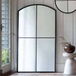Industrial Black Metal Window Pane Panelled Large Arched Wall Floor Mirror 160cm