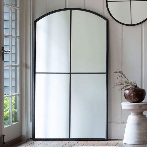 Industrial Black Metal Window Pane Panelled Large Arched Wall Floor Mirror 160cm