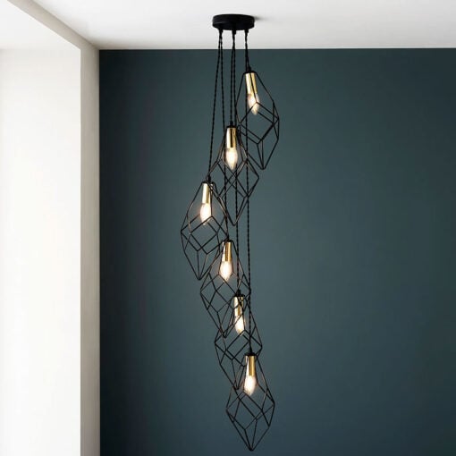 Industrial Cascading Cages Black And Gold Metal 6 Light Ceiling Pendant Chandelier 100cm