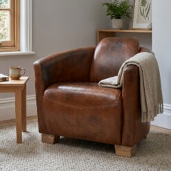 Industrial Cognac Tan Brown Real Brazilian Leather Cigar Armchair With Oak Feet