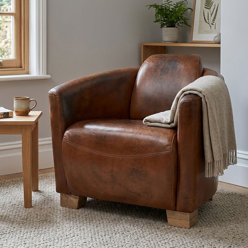 Industrial Cognac Tan Brown Real Brazilian Leather Cigar Armchair With Oak Feet Industrial Cognac Tan Brown Real Brazilian Leather Cigar Armchair With Oak Feet