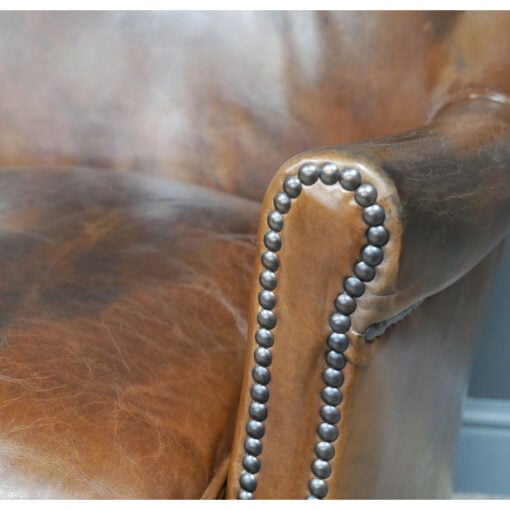 Industrial Cognac Tan Brown Real Brazilian Leather Studded Cigar Armchair With Oak Feet