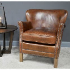 Industrial Cognac Tan Brown Real Brazilian Leather Studded Cigar Armchair With Oak Feet