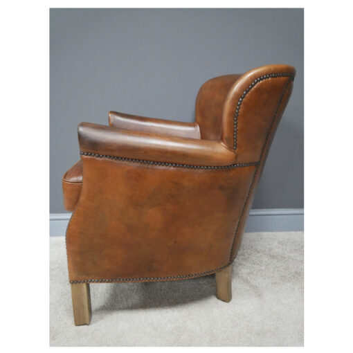 Industrial Cognac Tan Brown Real Brazilian Leather Studded Cigar Armchair With Oak Feet