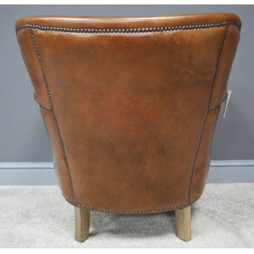 Industrial Cognac Tan Brown Real Brazilian Leather Studded Cigar Armchair With Oak Feet