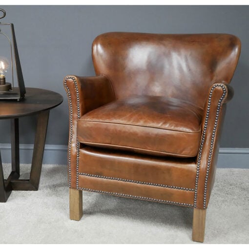 Industrial Cognac Tan Brown Real Brazilian Leather Studded Cigar Armchair With Oak Feet