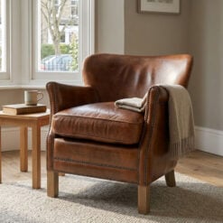 Industrial Cognac Tan Brown Real Brazilian Leather Studded Cigar Armchair With Oak Feet