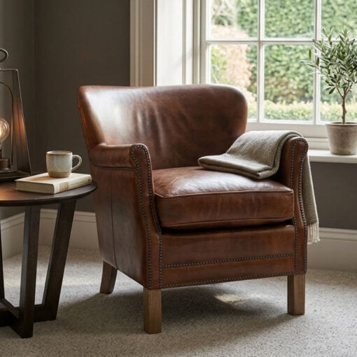 Industrial Cognac Tan Brown Real Brazilian Leather Studded Cigar Armchair With Oak Feet