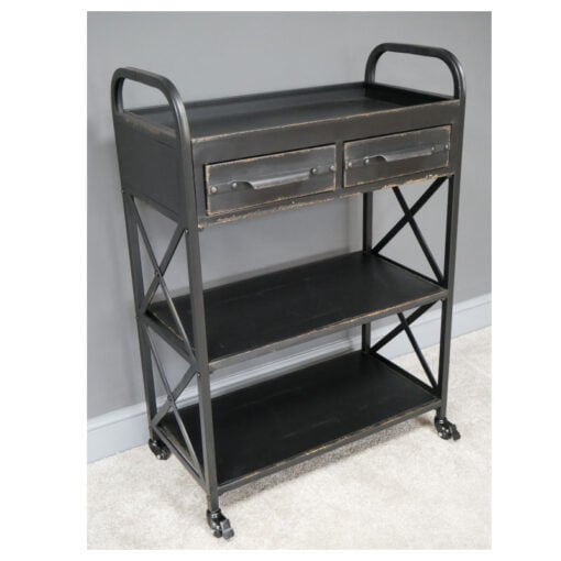 Industrial Distressed Black Metal 2 Drawer 3 Tier Open Shelving Unit 100cm