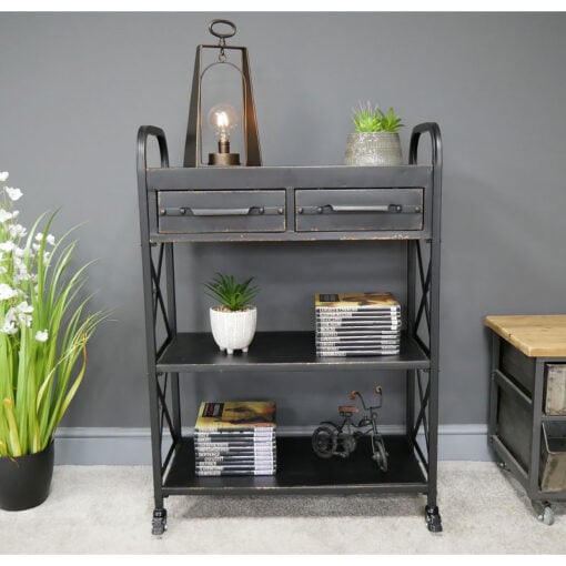 Industrial Distressed Black Metal 2 Drawer 3 Tier Open Shelving Unit 100cm