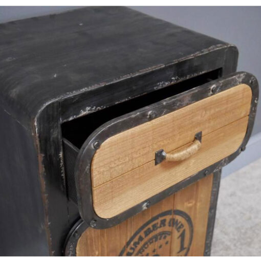 Industrial Distressed Black Metal And Solid Wood 1 Door 1 Drawer Bedside Cabinet Side Table With Wheels