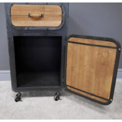 Industrial Distressed Black Metal And Solid Wood 1 Door 1 Drawer Bedside Cabinet Side Table With Wheels