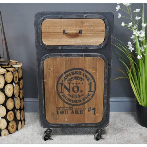 Industrial Distressed Black Metal And Solid Wood 1 Door 1 Drawer Bedside Cabinet Side Table With Wheels