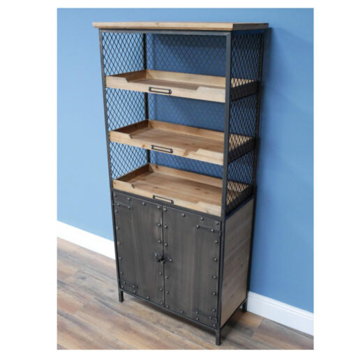 Industrial Distressed Black Metal And Solid Wood 2 Door 3 Tier Shelving Display Cabinet 150cm