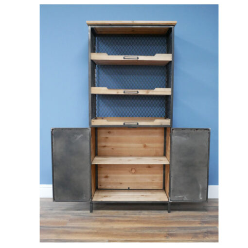 Industrial Distressed Black Metal And Solid Wood 2 Door 3 Tier Shelving Display Cabinet 150cm