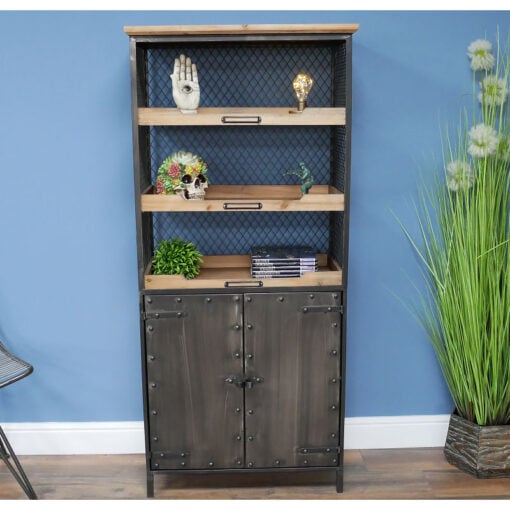 Industrial Distressed Black Metal And Solid Wood 2 Door 3 Tier Shelving Display Cabinet 150cm