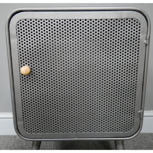 Industrial Grey Mesh Metal 1 Door Bedside Cabinet Side Table With Wooden Handle