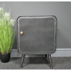 Industrial Grey Mesh Metal 1 Door Bedside Cabinet Side Table With Wooden Handle