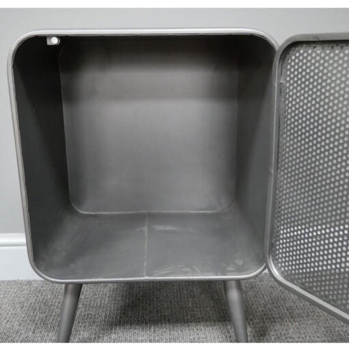 Industrial Grey Mesh Metal 1 Door Bedside Cabinet Side Table With Wooden Handle