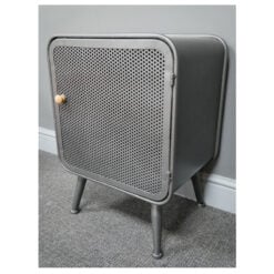 Industrial Grey Mesh Metal 1 Door Bedside Cabinet Side Table With Wooden Handle