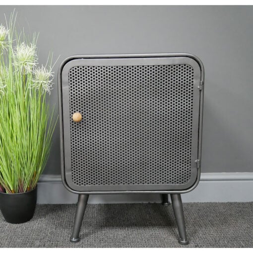 Industrial Grey Mesh Metal 1 Door Bedside Cabinet Side Table With Wooden Handle