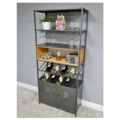 Industrial Grey Metal 2 Door Tall Shelving Bar Drinks Cabinet With Glass And Wine Storage 180cm
