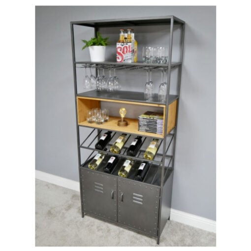 Industrial Grey Metal 2 Door Tall Shelving Bar Drinks Cabinet With Glass And Wine Storage 180cm