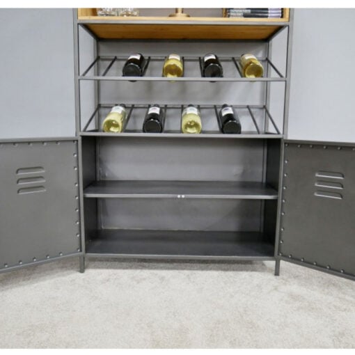 Industrial Grey Metal 2 Door Tall Shelving Bar Drinks Cabinet With Glass And Wine Storage 180cm