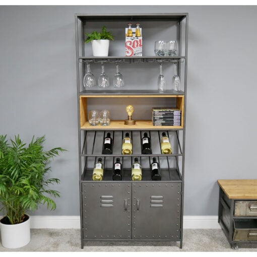 Industrial Grey Metal 2 Door Tall Shelving Bar Drinks Cabinet With Glass And Wine Storage 180cm