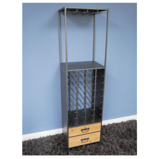 Industrial Grey Metal And Solid Wood 2 Drawer Tall Wine Drinks Bar Cabinet 170cm
