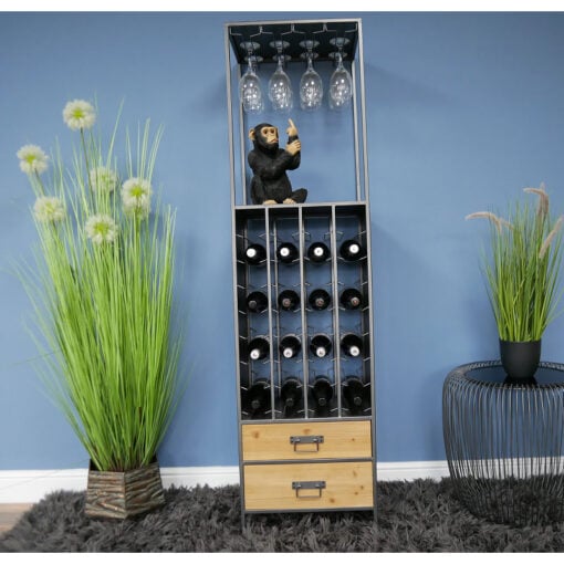 Industrial Grey Metal And Solid Wood 2 Drawer Tall Wine Drinks Bar Cabinet 170cm